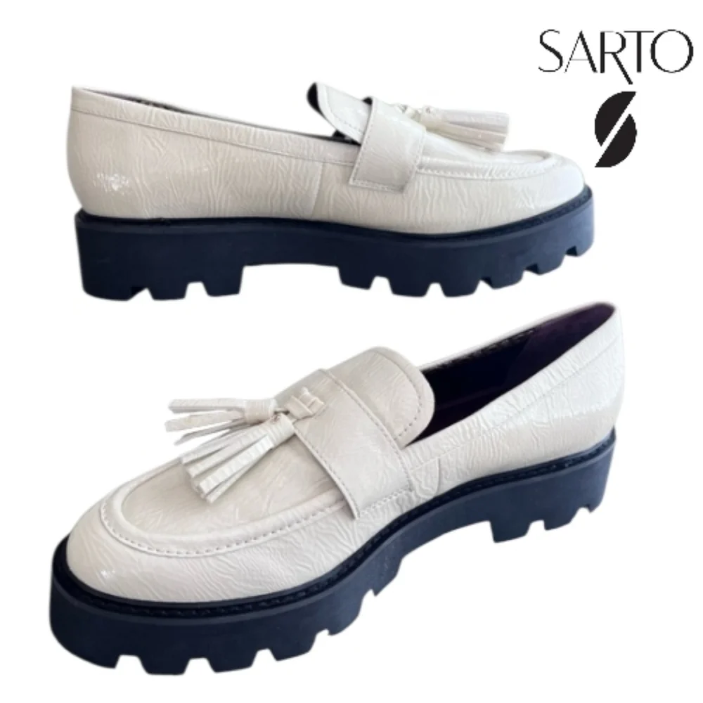 SARTO (FRANCO) Women's Tassel Loafers Putty (Cream) Black Chunky Heel Size 7M